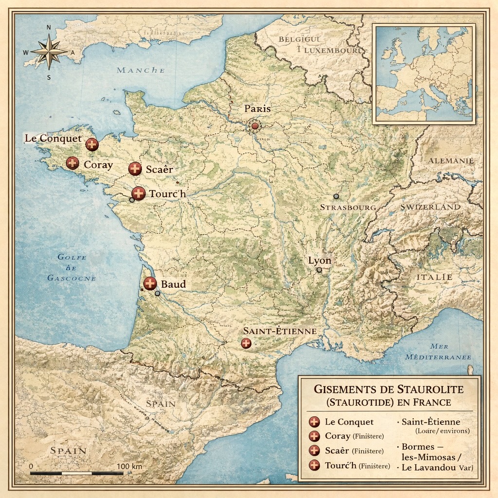 Carte des gisements de staurolite en France