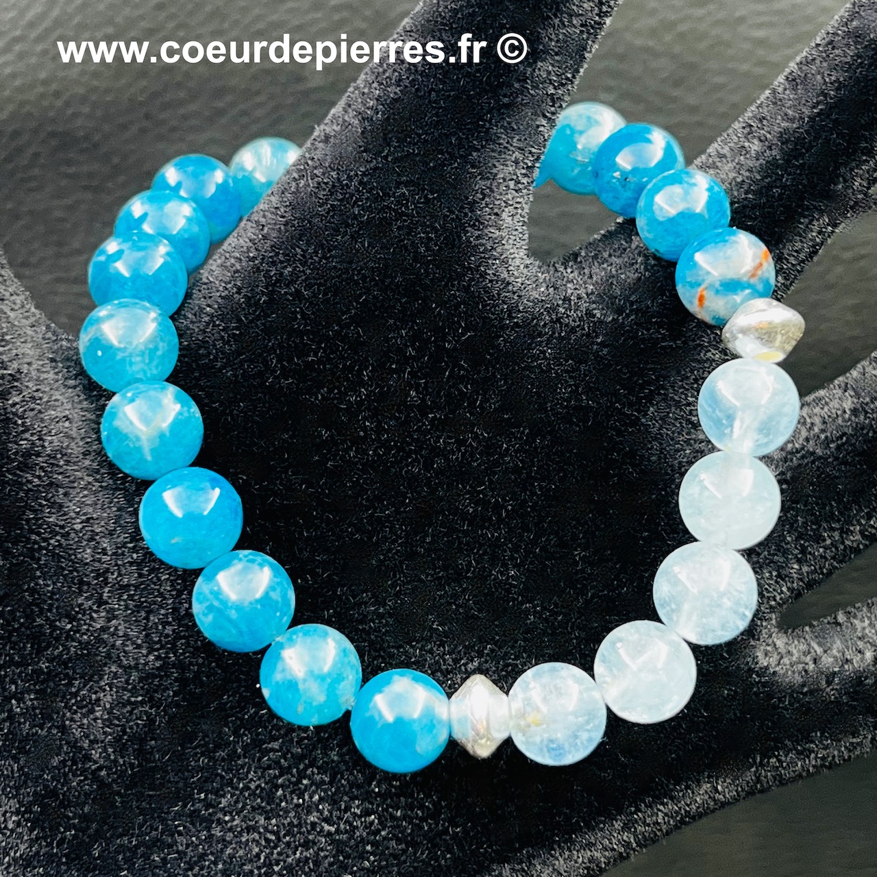 Bracelet Apatite Bleue, Aigue Marine « perles 8mm » (réf baa1)