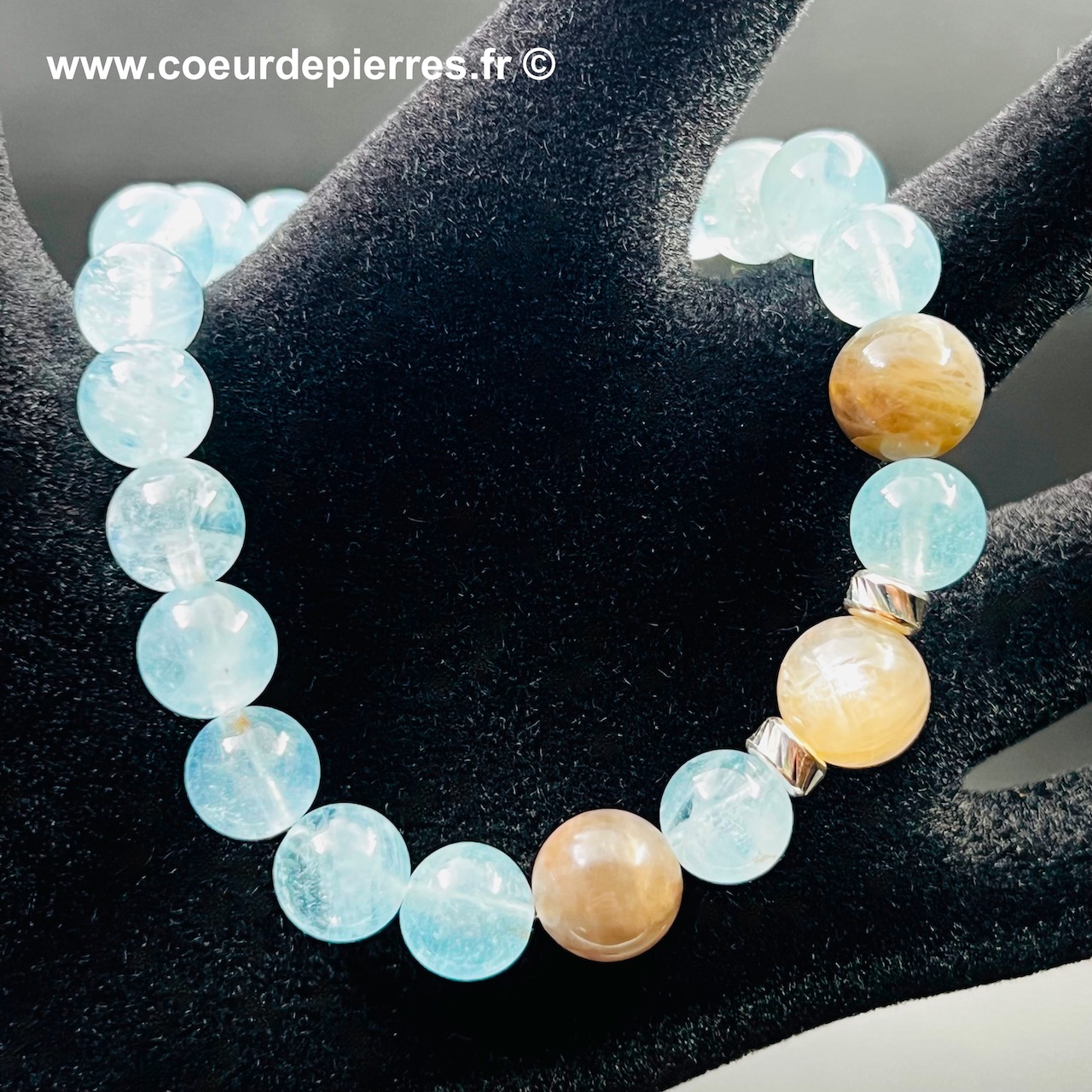 Bracelet en Aigue-Marine et Pierre de Lune Noire « perles de 8mm » (réf bapl1)