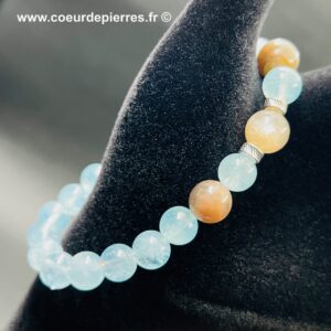 Bracelet Aigue Marine et pierre de lune noire “perles 8mm” (réf bapl1)