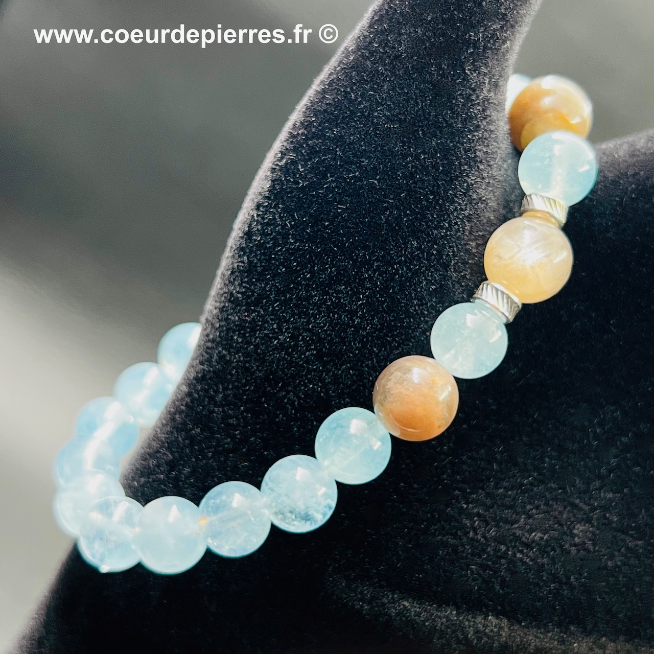 Bracelet en Aigue-Marine et Pierre de Lune Noire « perles de 8mm » (réf bapl1)