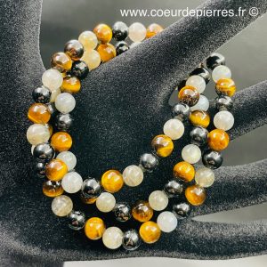 Bracelet collier en oeil de tigre, tourmaline et labradorite “3 rangs perles de 6mm”