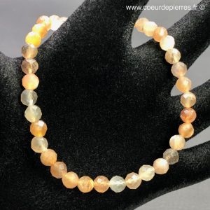 Bracelet en pierre de lune adulaire blanche et saumoné du Sri Lanka « perle facettées de 5mm »