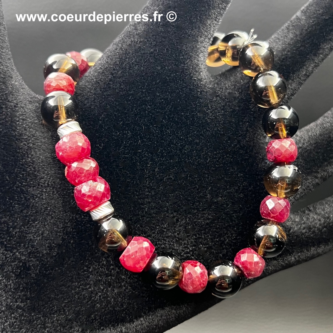 Bracelet en rubis et quartz fumé «perles 8mm»