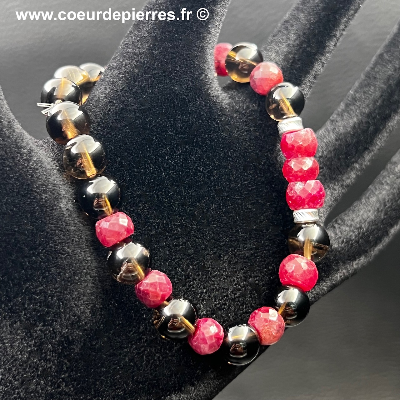 Bracelet en rubis et quartz fumé «perles 8mm»
