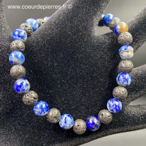 Bracelet en lapis lazuli et pierres de lave d’Afghanistan “perles de 6 mm”
