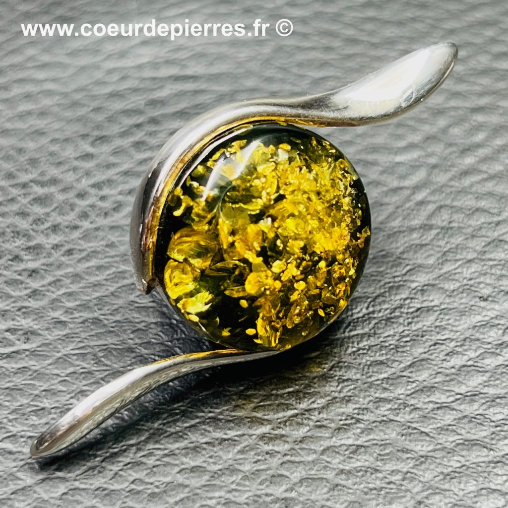 Pendentif Argent Massif Avec Cabochon D'ambre Vert - Bijou Ancien