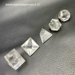 Série des cinq solides de Platon en cristal de roche de l’Himalaya “grande taille”