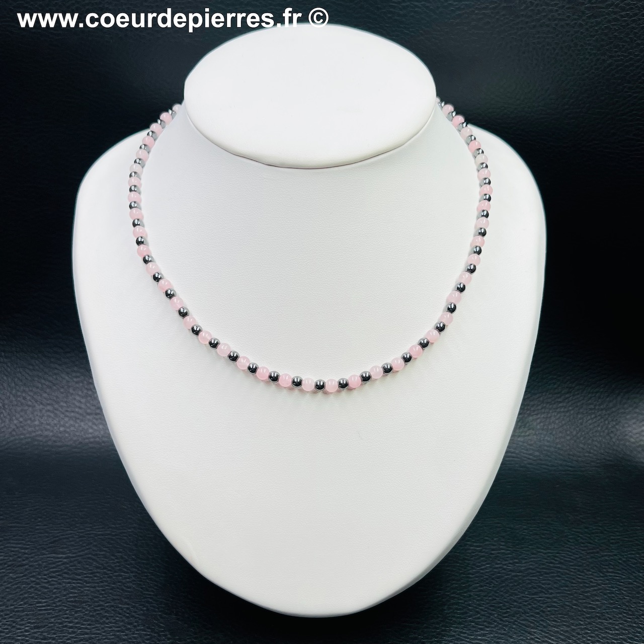 Collier quartz rose et Hématite « perles 4mm » (réfcqrh2)