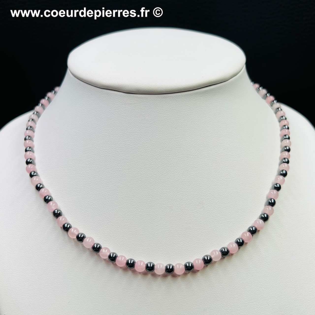 Collier quartz rose et Hématite « perles 4mm » (réfcqrh2)