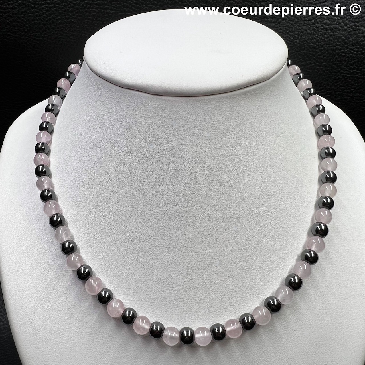 Collier quartz rose et hématite « perles 6mm » (réf cqrh1)