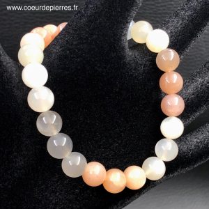 Bracelet pierre de lune adulaire blanche et saumoné du Sri Lanka « perles de 8mm »
