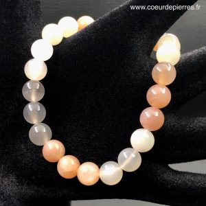 Bracelet pierre de lune adulaire blanche et saumoné du Sri Lanka “perles de 8mm”