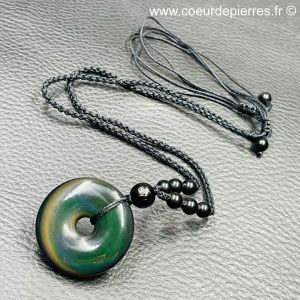 Pendentif et collier perles en obsidienne oeil céleste du Mexique (réf ooc27)