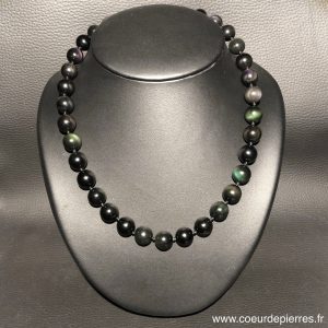Collier en obsidienne oeil céleste du Mexique perles de 1,2 cm (réf coec1)
