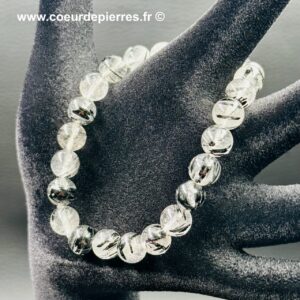 Bracelet cristal de roche, quartz à inclusions de tourmaline “perles 8mm”