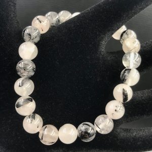 Bracelet cristal de roche, quartz a inclusions de tourmaline « perles 8mm »