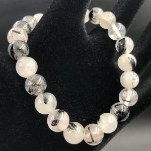 Bracelet en cristal de roche avec inclusions de tourmaline « perles 8mm »