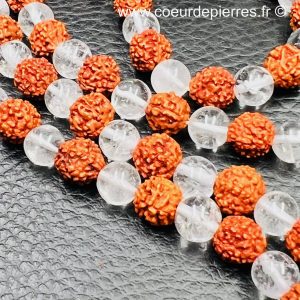 Mâlâ avec perles de cristal de roche et graines de rudraksha (réf ccr5)
