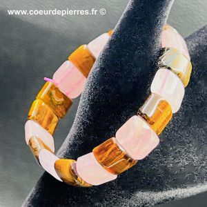 Bracelet plaquettes « oeil de tigre et quartz rose » (réf bqrt1)