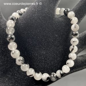 Bracelet en cristal de roche avec inclusions de tourmaline perles 6mm