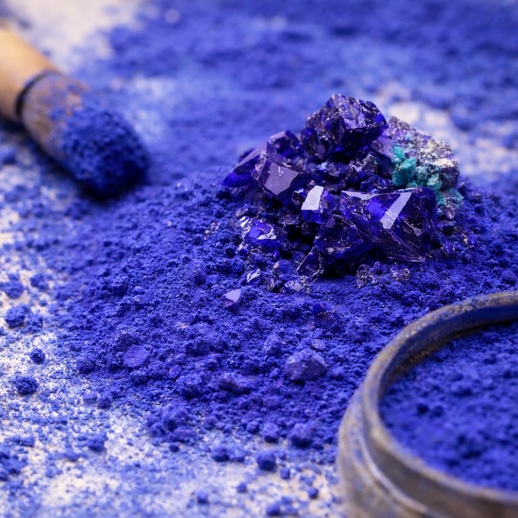 Pigment bleu azurite et cristaux