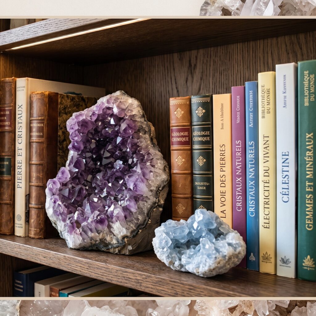 Druses de cristaux et de célestine en bibliothèques