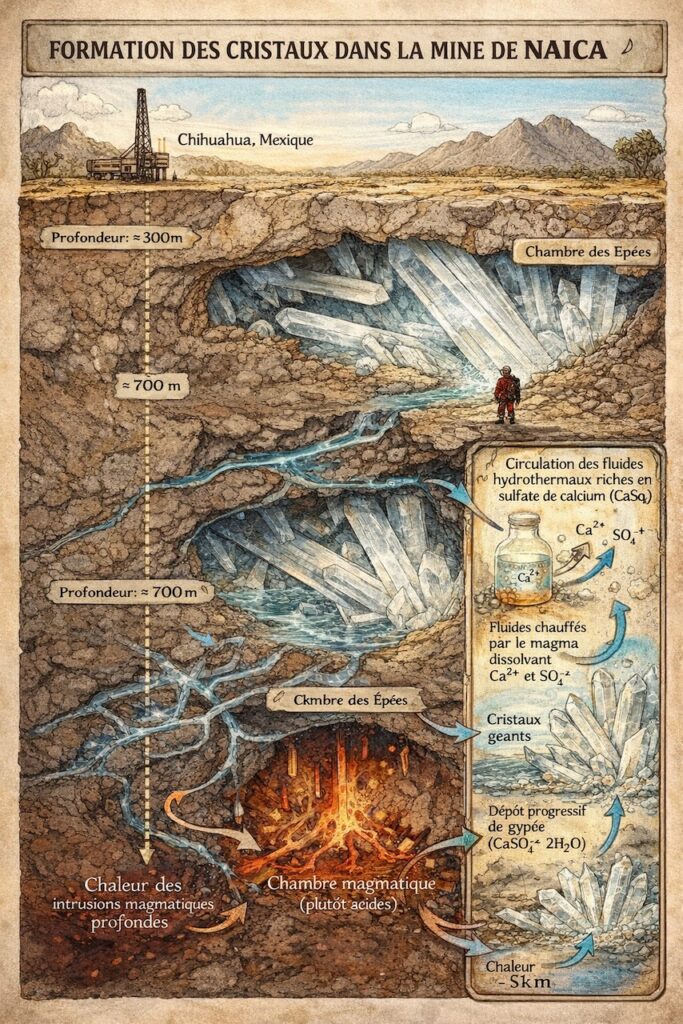 Schéma de l'évolution des cristaux géants